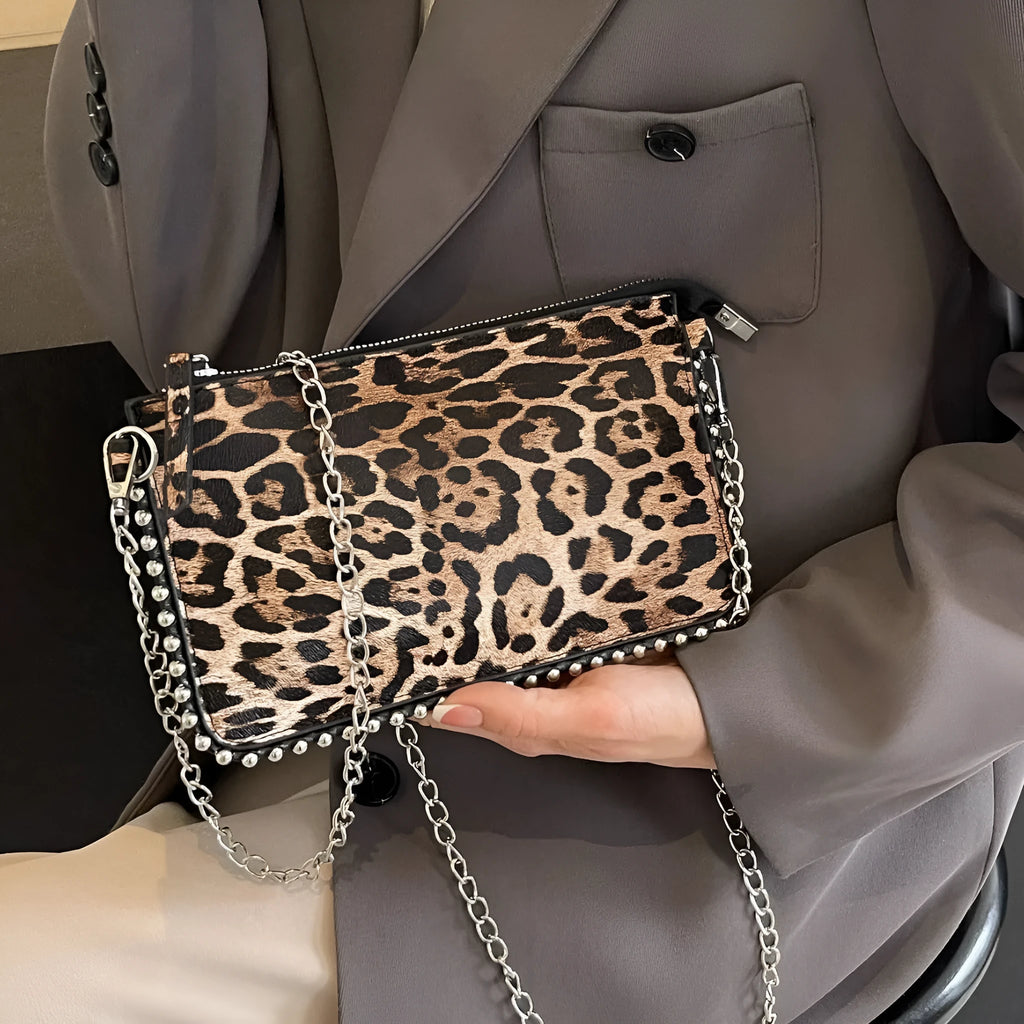 Women's brown PU leather crossbody bag with chain strap and square shape