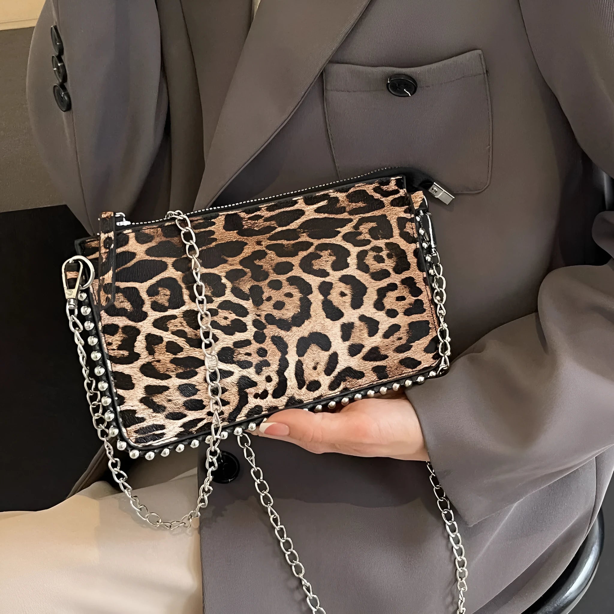 Women's brown PU leather crossbody bag with chain strap and square shape