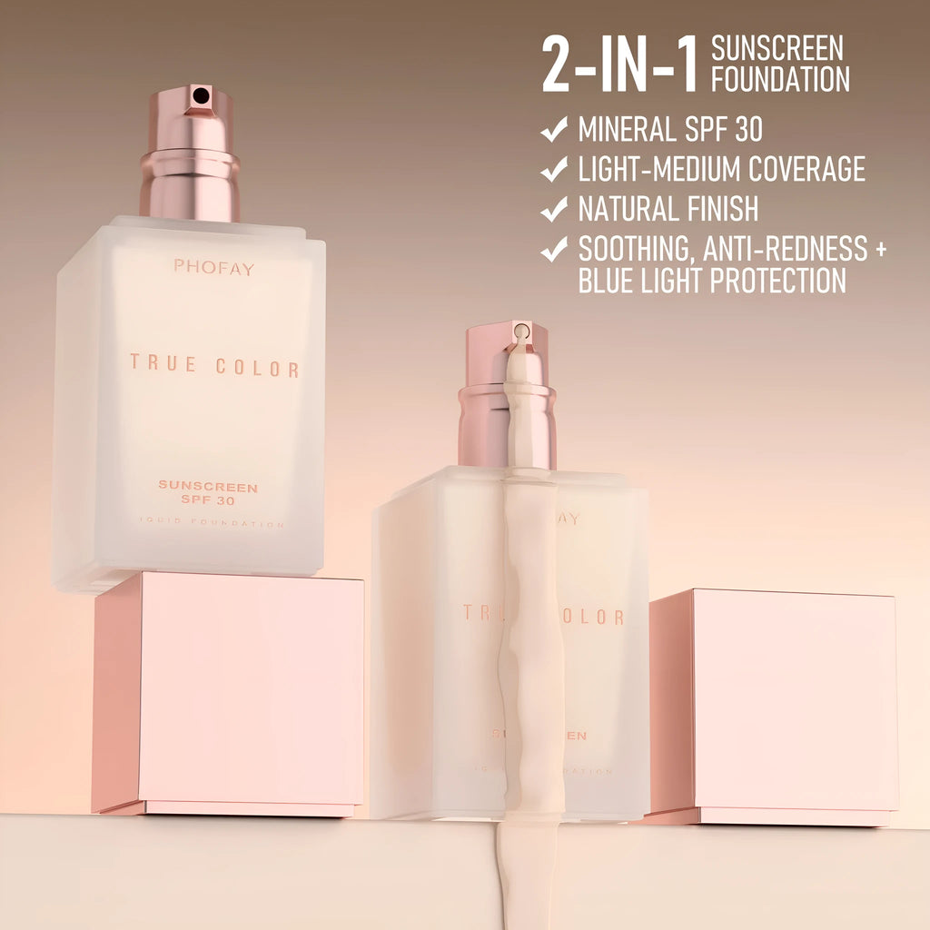 Matte sunscreen liquid foundation SPF 30 bottle in six colour shades 01color through 06color