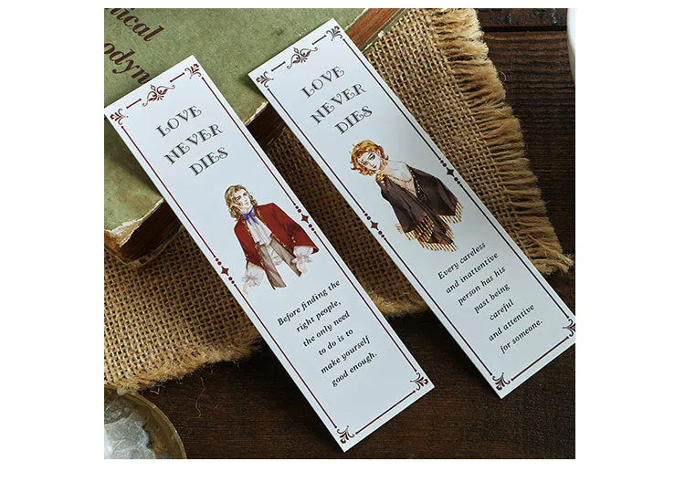 Pack of 30 thick cardboard bookmarks with various designs including Phantom of the Opera, each 40mm by 150mm.