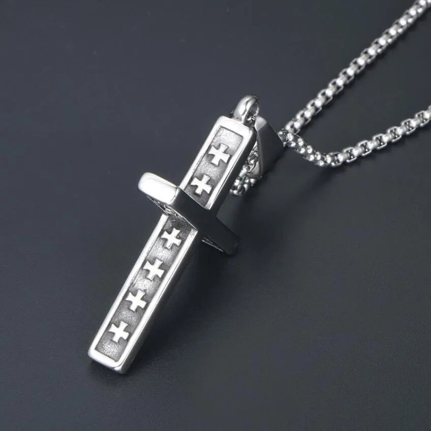 Unisex titanium steel stainless steel necklace with bowknot pendant and pearl chain on display