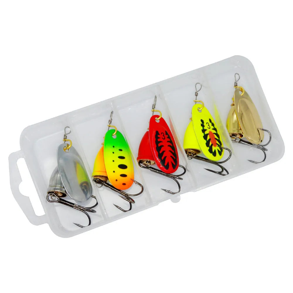 R composite metal fishing lure with rotating sequins and a copper bell in multiple colour options on a blue background.