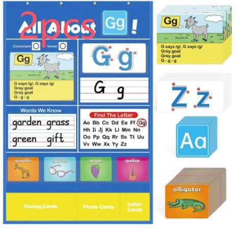Large blue alphabet learning sleeve chart with scattered word, letter, and picture cards for children.