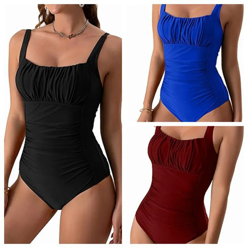 Square neck one-piece swimsuit in solid colour with pleated front design, suitable for beach or pool