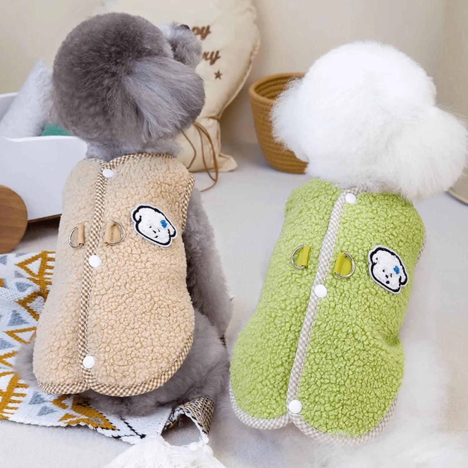 Green coral fleece dog sweatshirt vest with a leash ring on a small dog.