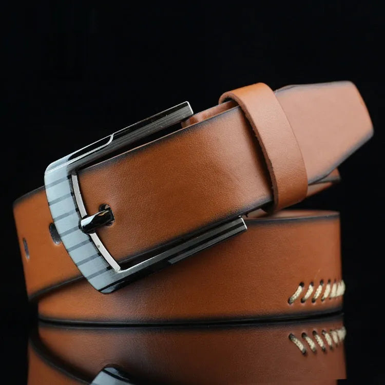 Men's retro-style pin buckle belt in imitation leather with patterned detail, alloy buckle, shown in black colour.