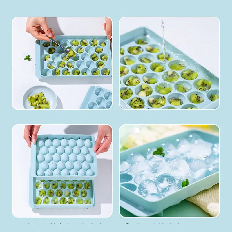 Sky blue 3D round ice ball mould tray with 18 grids next to a pink tray with 33 grids.