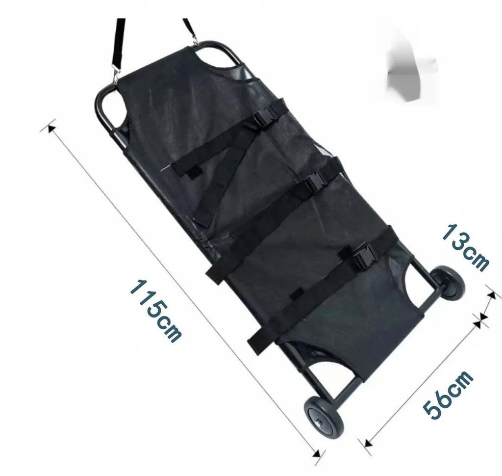 Black aluminium alloy foldable pet stretcher for large dog emergency rescue and transfer.