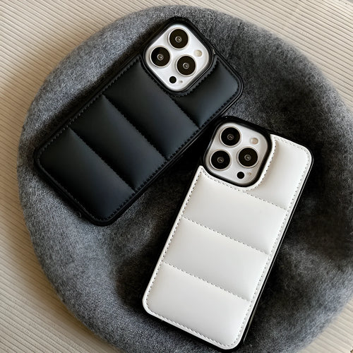 Candy down jacket texture iPhone case in solid colours: black, white, rose red, green.