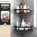 Black multi-layer over-toilet storage rack with punch-free installation and double triangle shelf design.