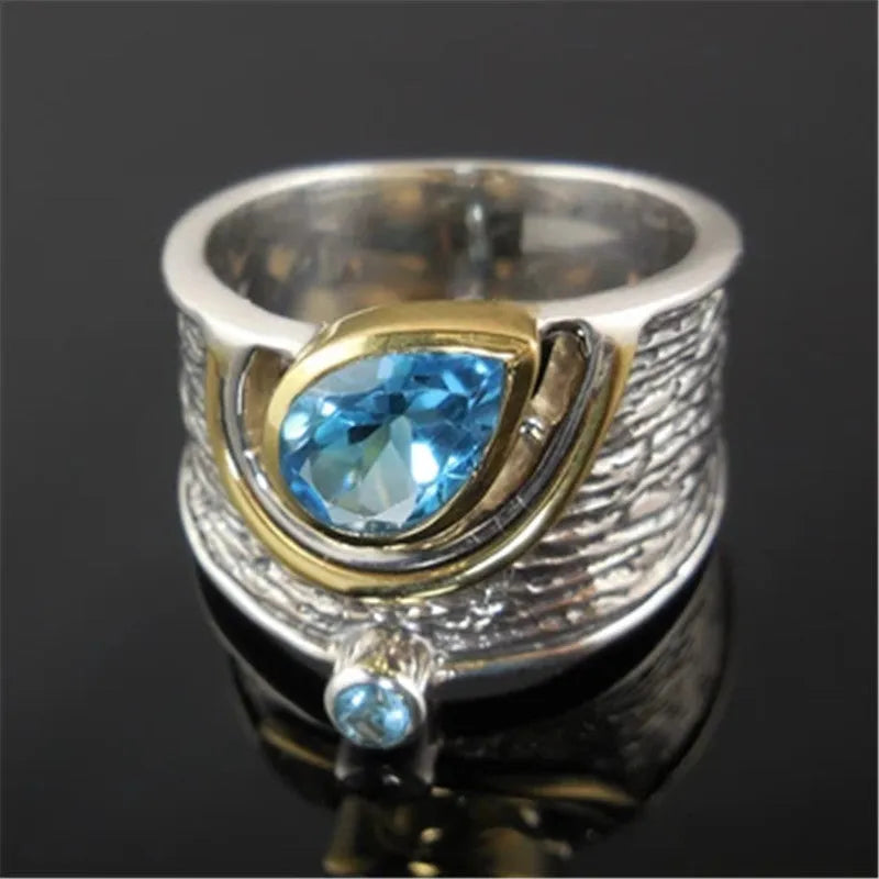 Chinese style blue zircon drop shape ring in alloy metal with inlaid stone