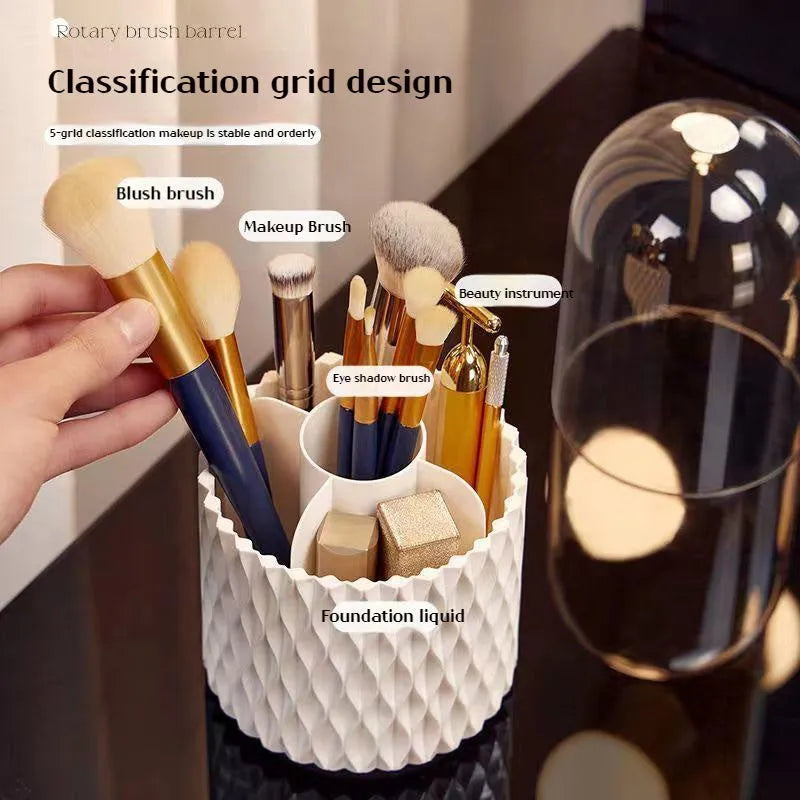 White rotating acrylic makeup brush storage box with transparent sides and dustproof lid