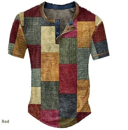 Men's graphic plaid colour block waffle henley short sleeve shirt, front view, regular fit, available in multiple colours