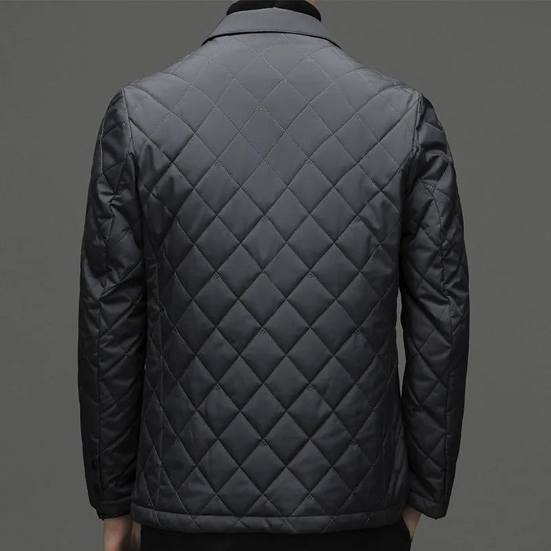 Men's black lapel cardigan-style down jacket with side seam pockets.