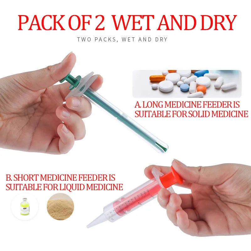 Two silicone pet pill shooters with soft tips for medication administration