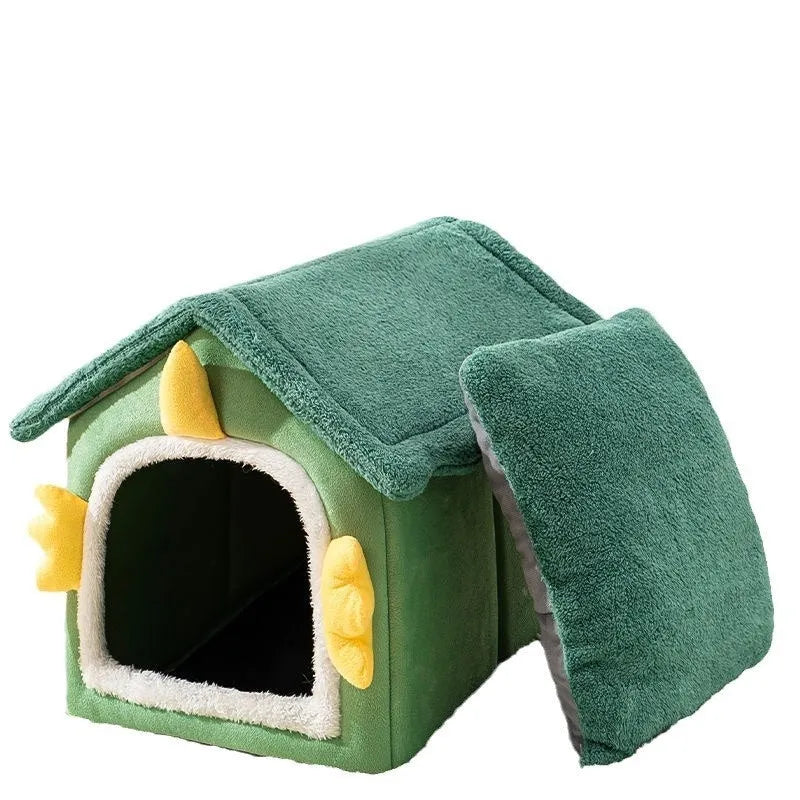 Grey enclosed cat nest bed with thick cushion inside, shown in large size.