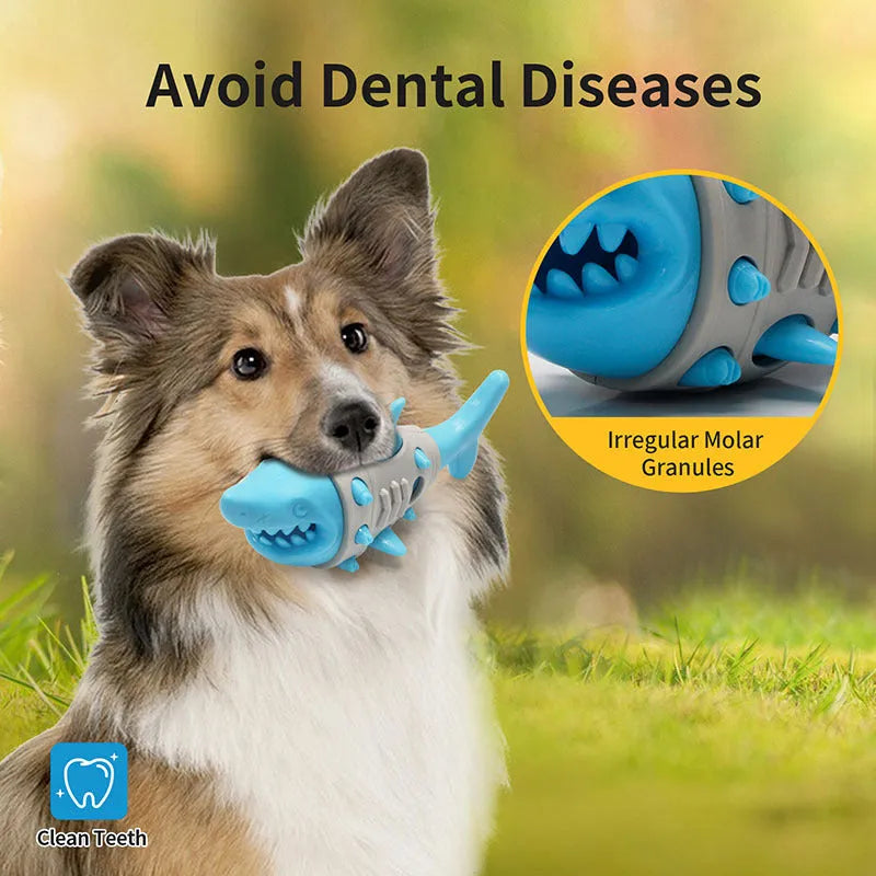 Blue textured dog chew toy shaped with ridges mimicking shark teeth for dental cleaning