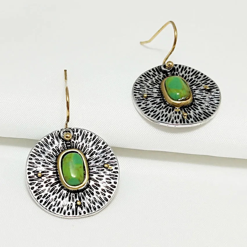 Retro turquoise and antique silver earrings with colour separation on alloy electroplated base