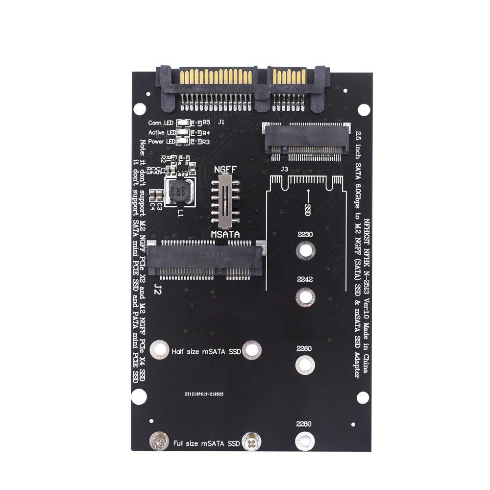 Black and blue SATA3 to M.2 NGFF MSATA SSD adapter card on a white background.