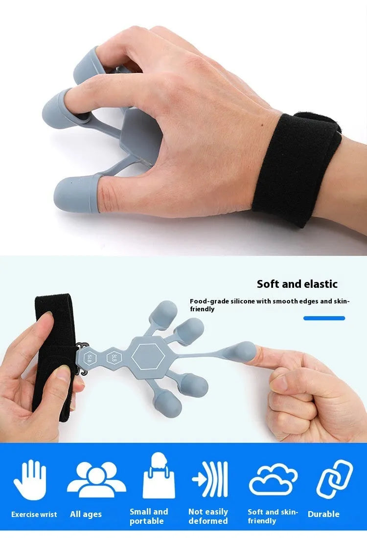 A black or grey silicone five-finger hand trainer for adult grip strength and rehabilitation.