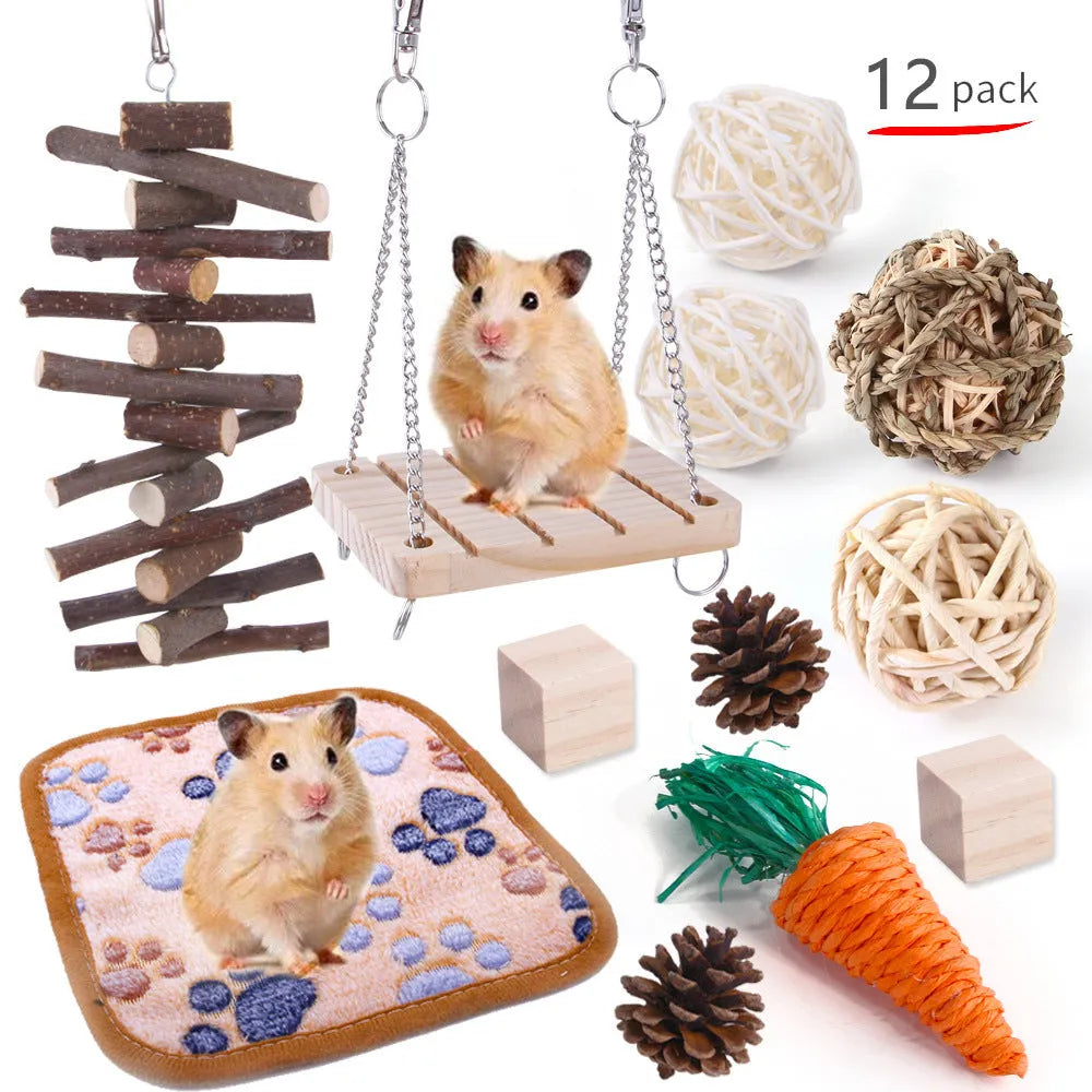 Assortment of natural wooden and woven grass chew toys for small pets like rabbits and guinea pigs