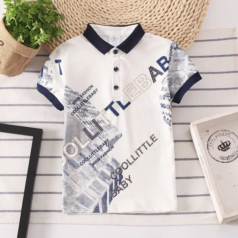 Boys short sleeve cotton polo shirt with lapel collar in grey, navy, red or white colours