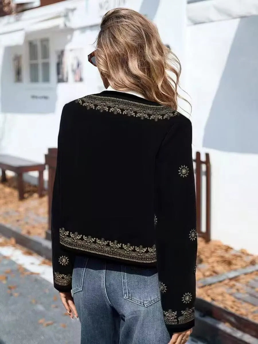Women's casual coat round neck hooded printed long sleeve British style milk silk fabric sizes S to XXL
