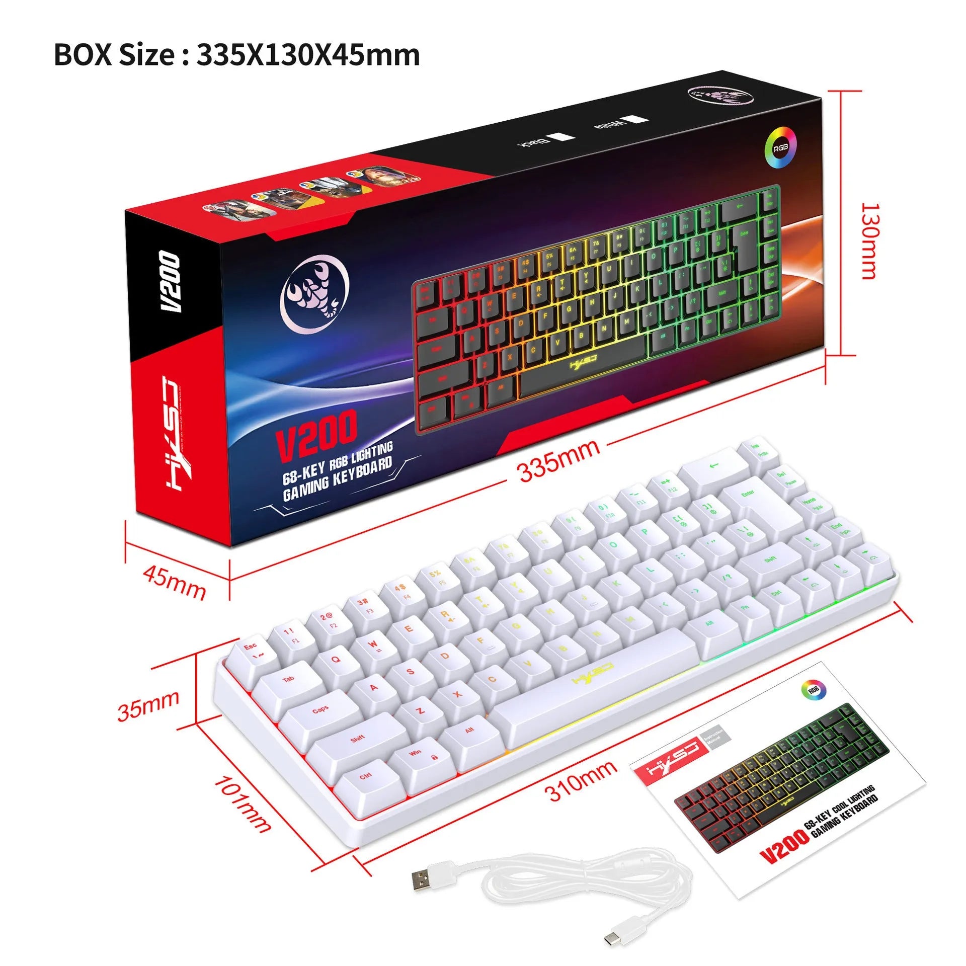 Mechanical feeling membrane gaming keyboard with 68 keys, ABS plastic, wired USB cable, black colour