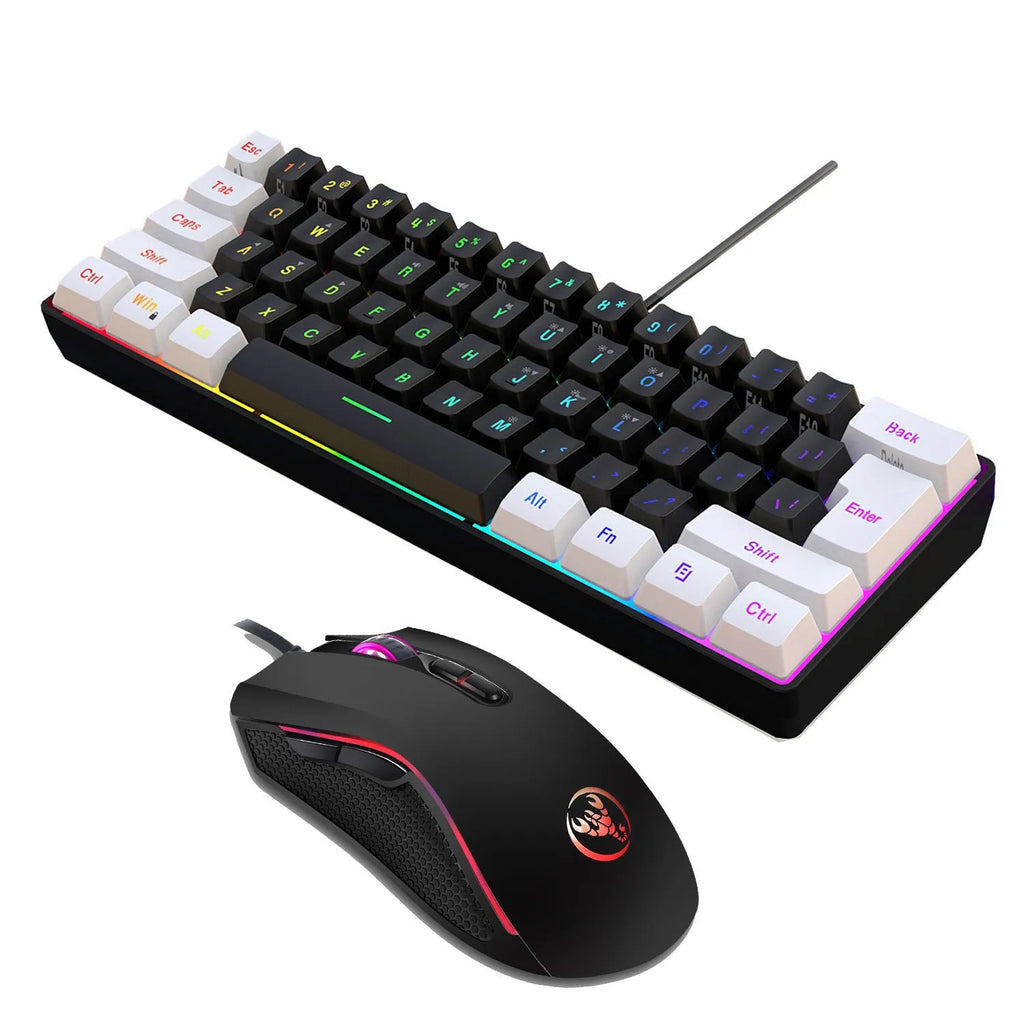 V700WB A869 white and black wired gaming keyboard and mouse combo with backlight on a desk.