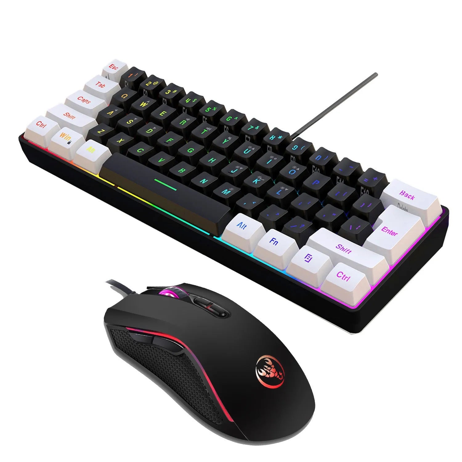 V700WB A869 white and black wired gaming keyboard and mouse combo with backlight on a desk.