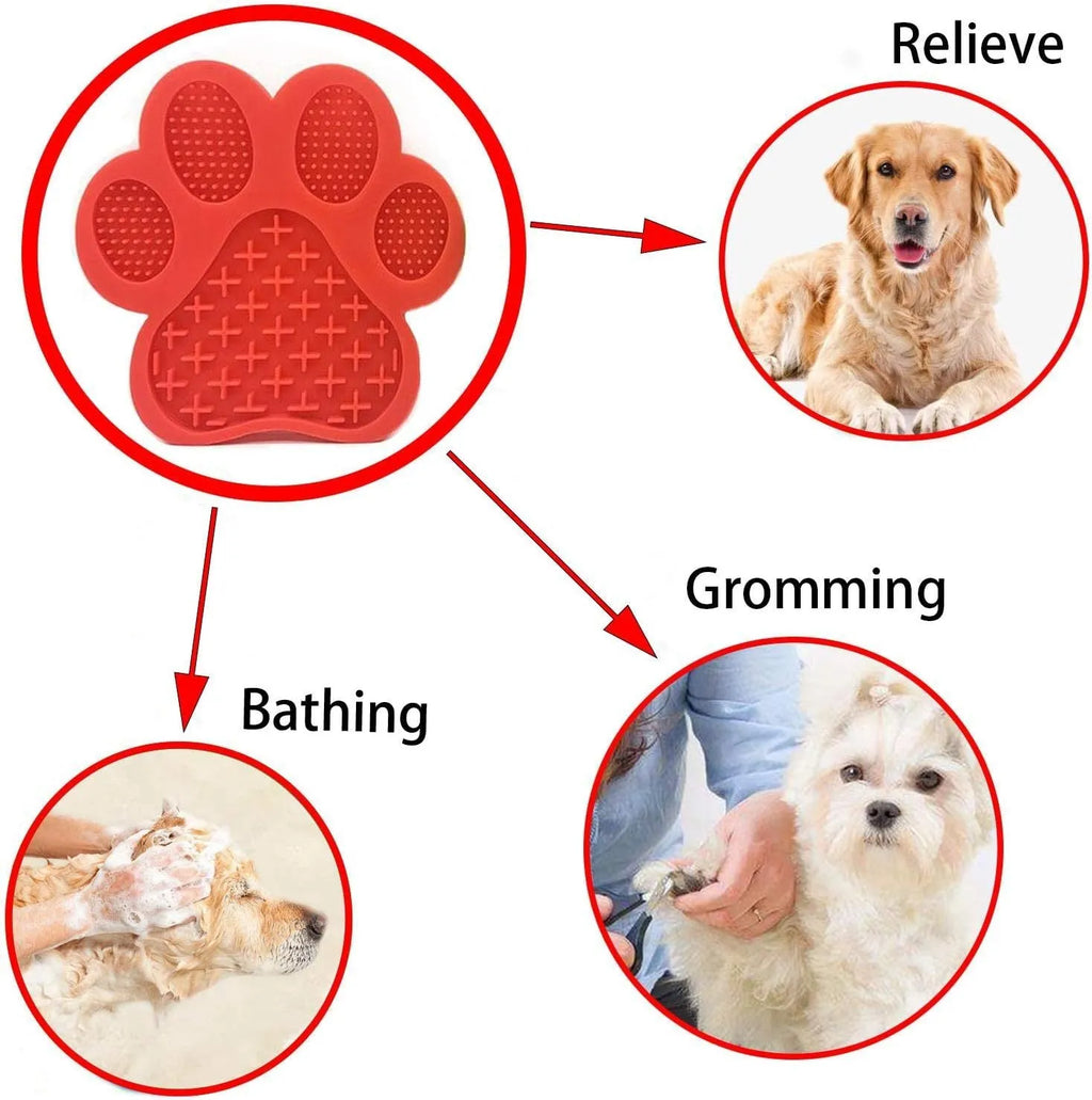 Blue silicone dog licking mat with bone texture and suction cups on back for bath time and slow feeding.