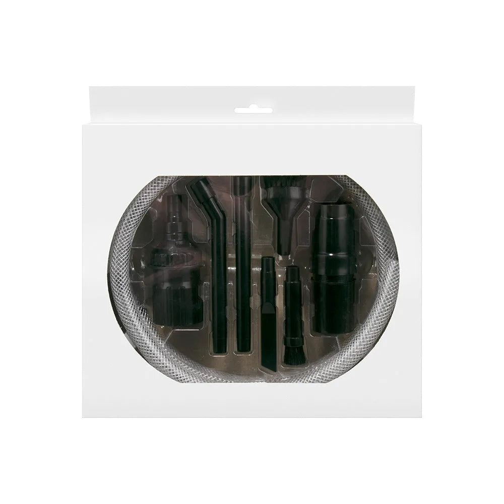 Eight-piece vacuum cleaner accessory set including a small suction head, dusting brush, crevice tool, and upholstery nozzle arranged on a white background.