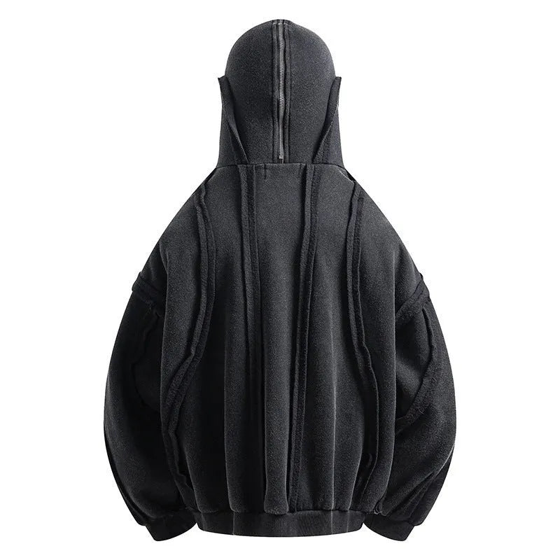 Men's black loose-fit retro cotton zip hooded coat with abstract pattern