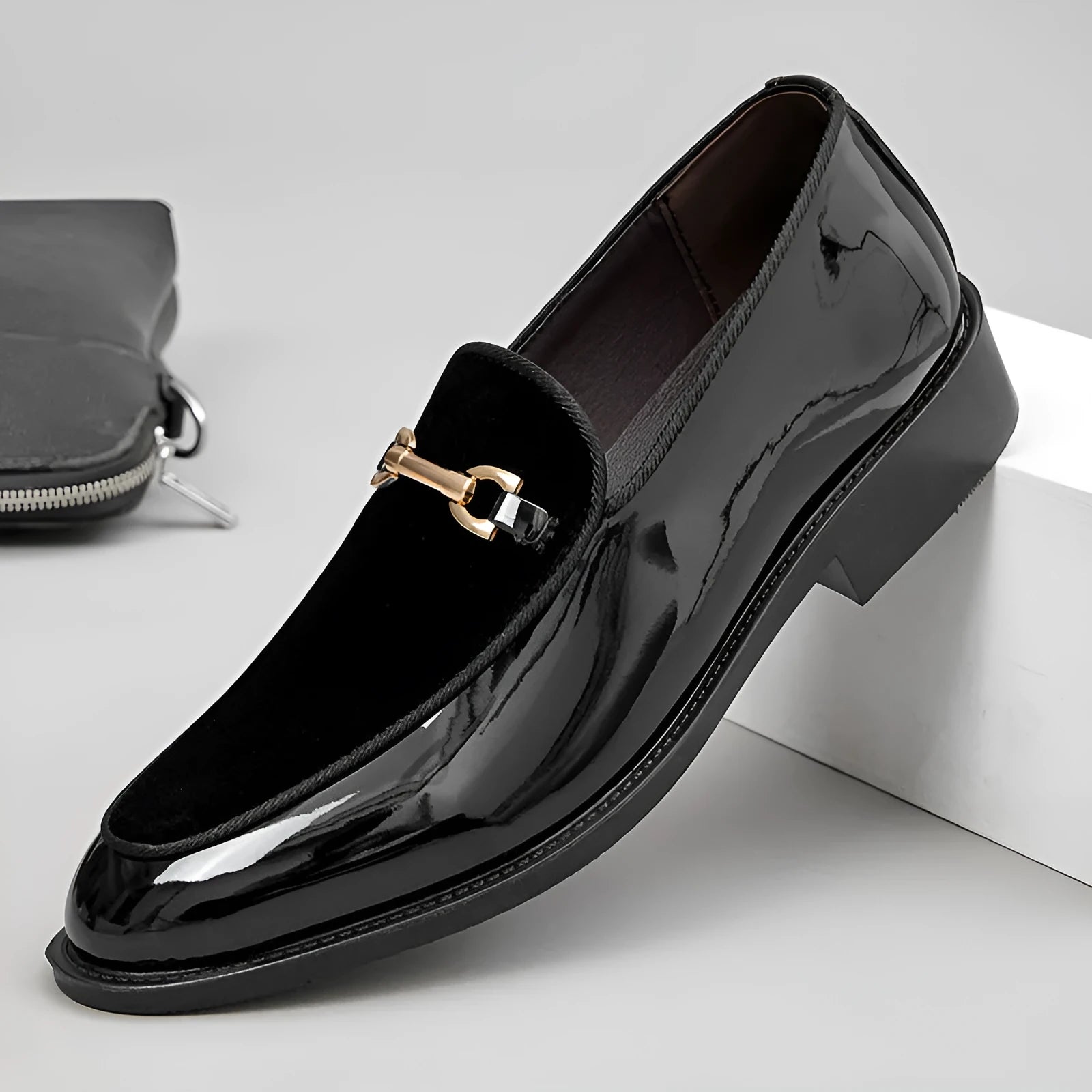 Patent leather shiny wedge heel shoes oversleeve design black green sky blue rubber sole unisex