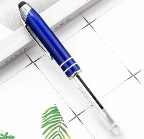 Multifunctional metal capacitive stylus and LED light ballpoint pen in red, black, white, green, or blue