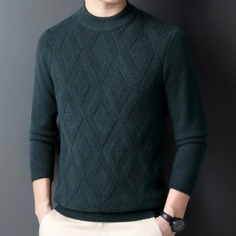 Men's thick diamond jacquard winter sweater in light camel colour, pullover style