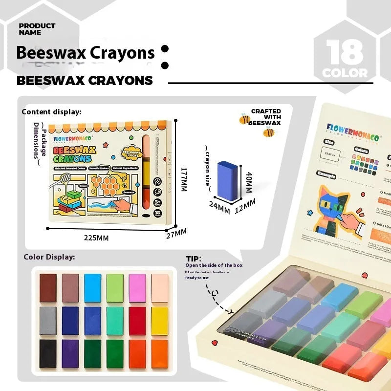 Children's beeswax crayon set with 18 colours in a colour box for ages 4-6 beginner art