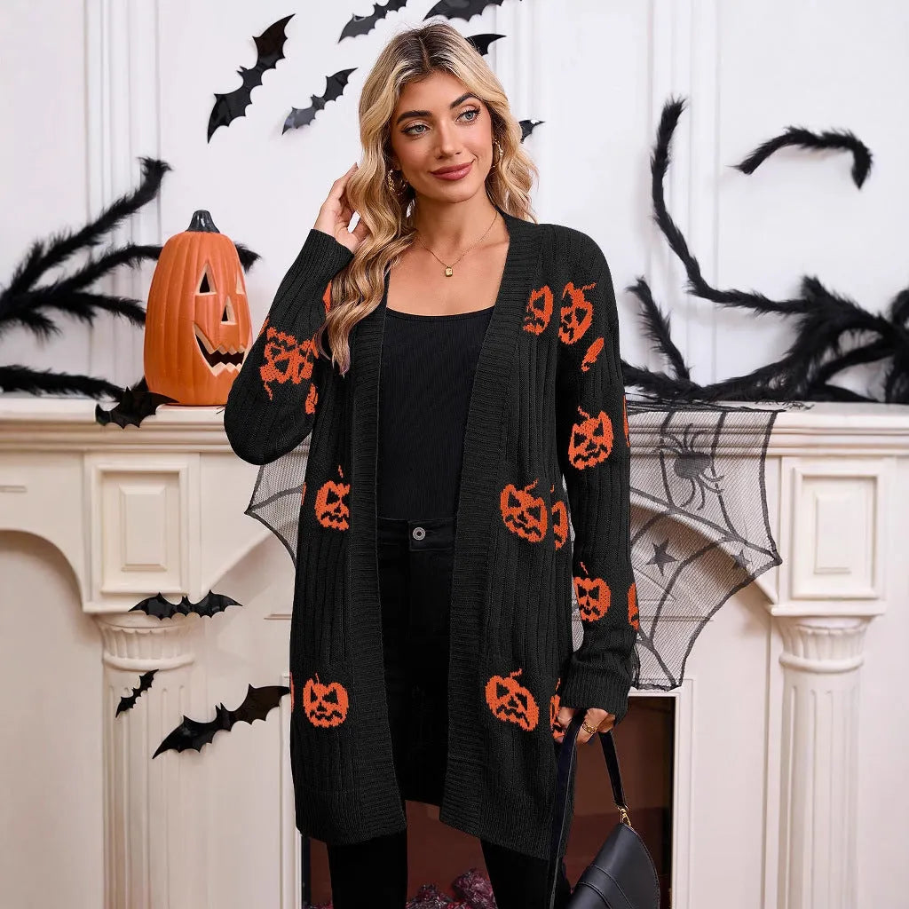 Women's black Halloween cardigan with orange Jacquard-knitted pumpkin head pattern.