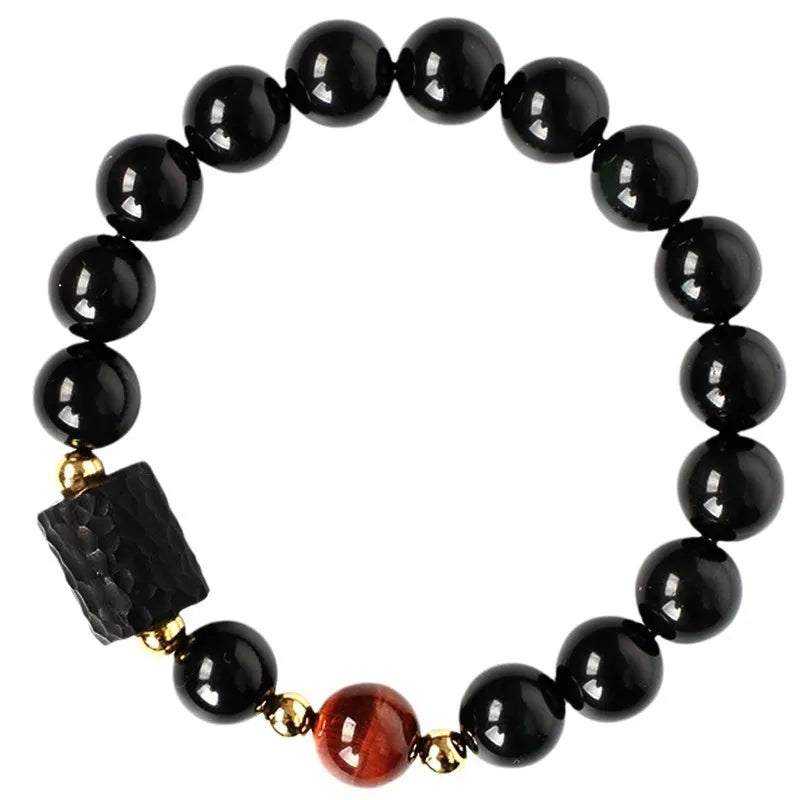 Obsidian and tiger eye bracelet with 10mm beads and circle design