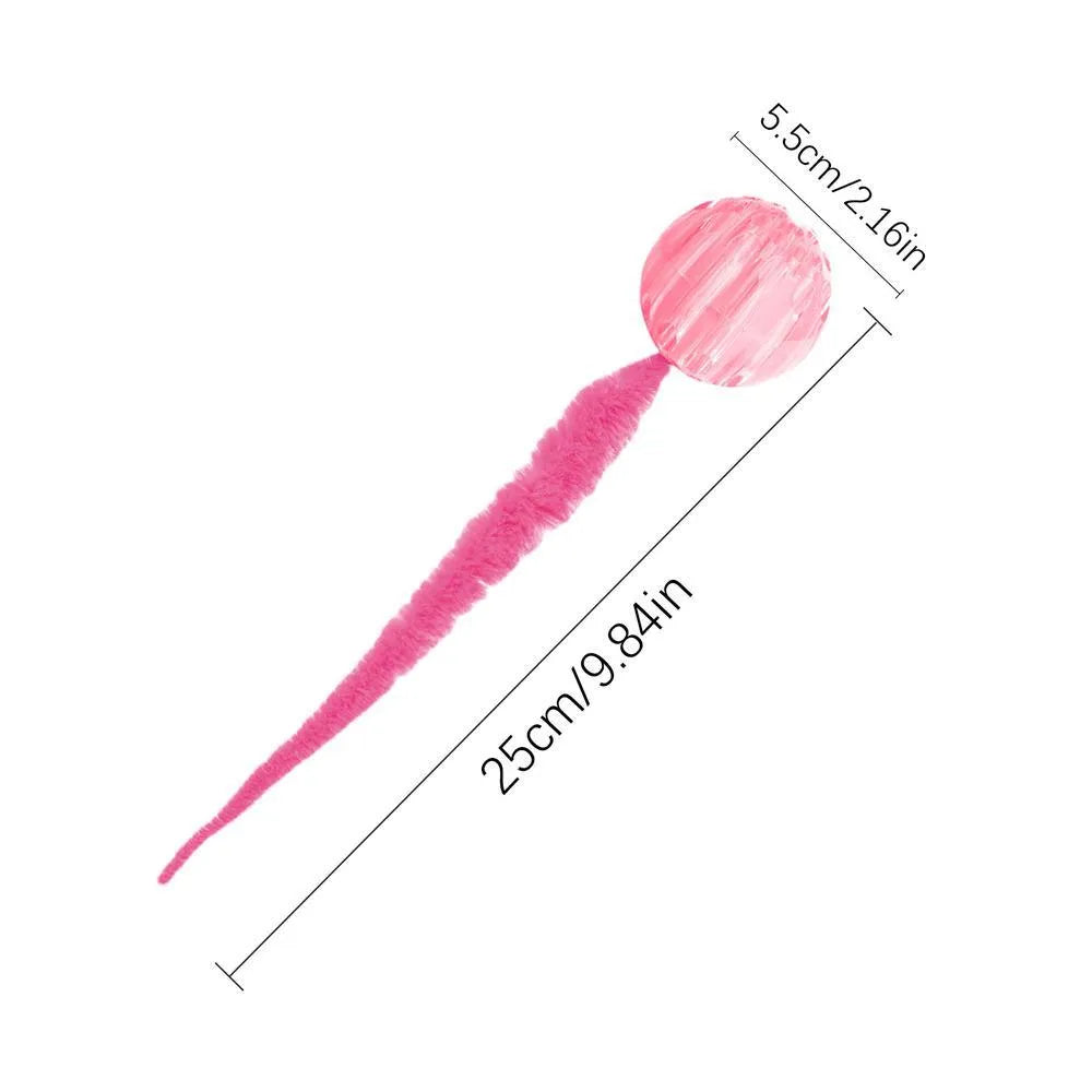 Interactive TPR bouncy ball cat toy with soft plush worm tail in green, pink or purple