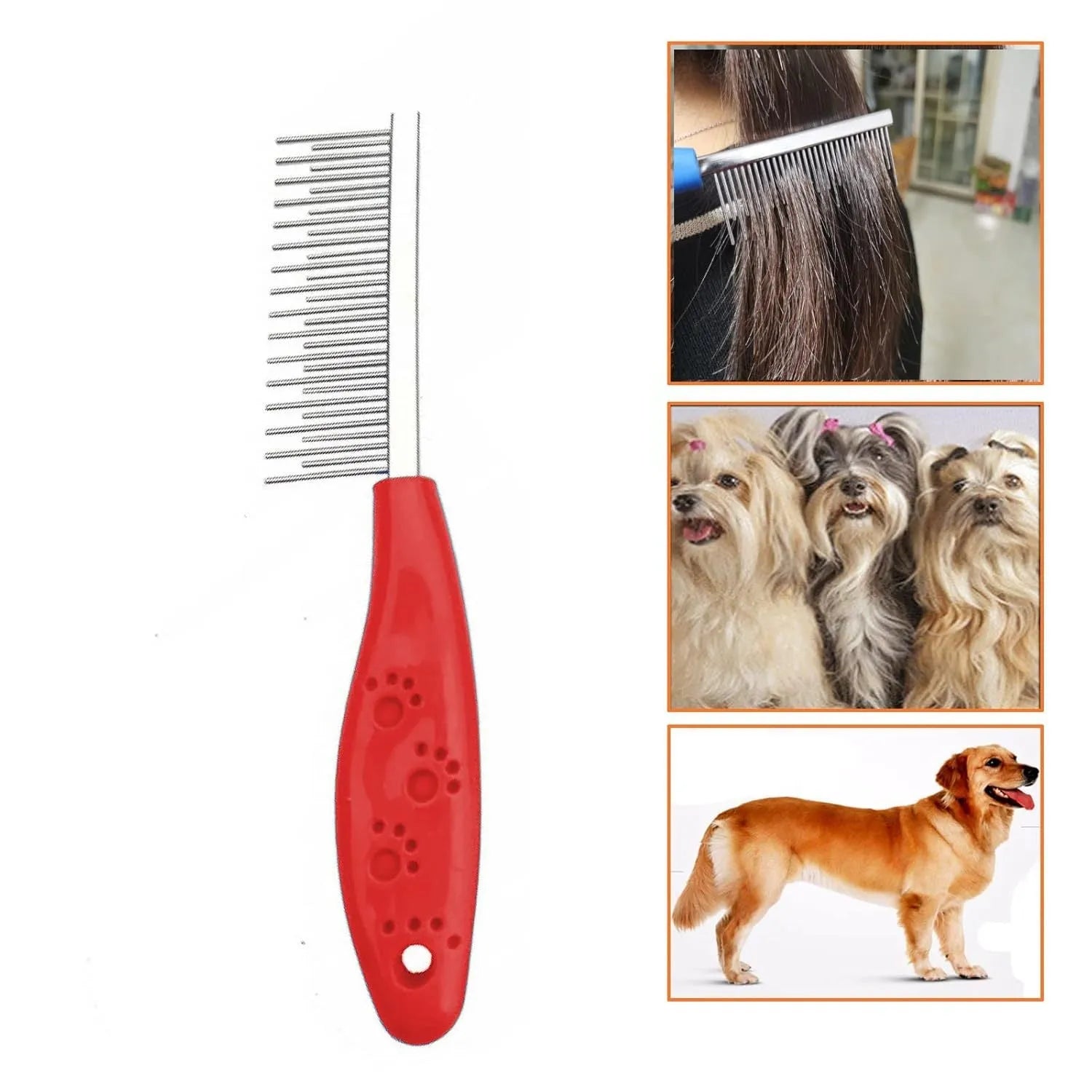 Red pet grooming comb with stainless steel long and short teeth and a plastic anti-slip handle