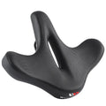 Black leather bicycle seat cushion with polyurethane foam filling for shock absorption on a bike saddle.