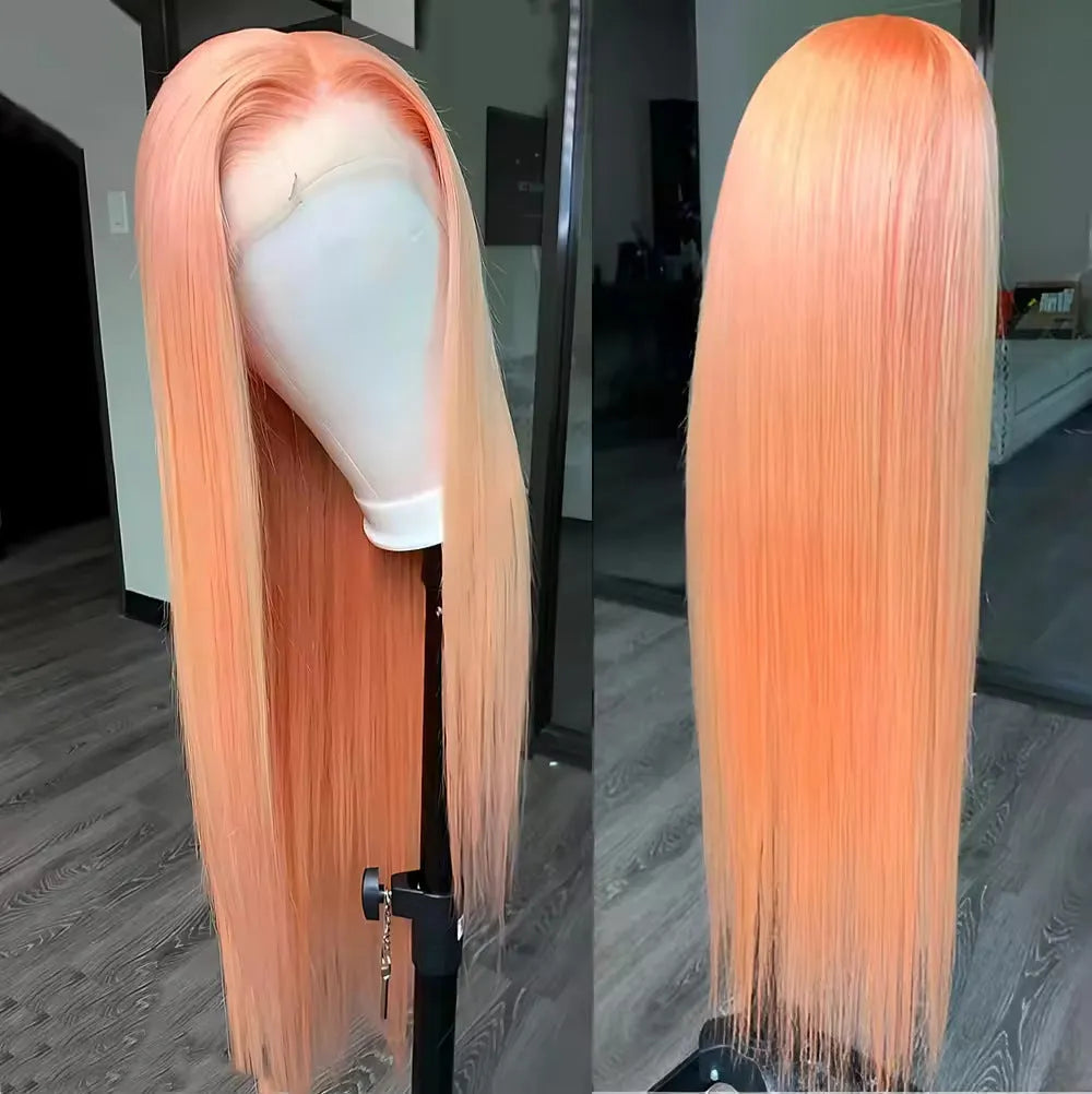 Light orange long straight lace front wig with side bangs on a wig head.