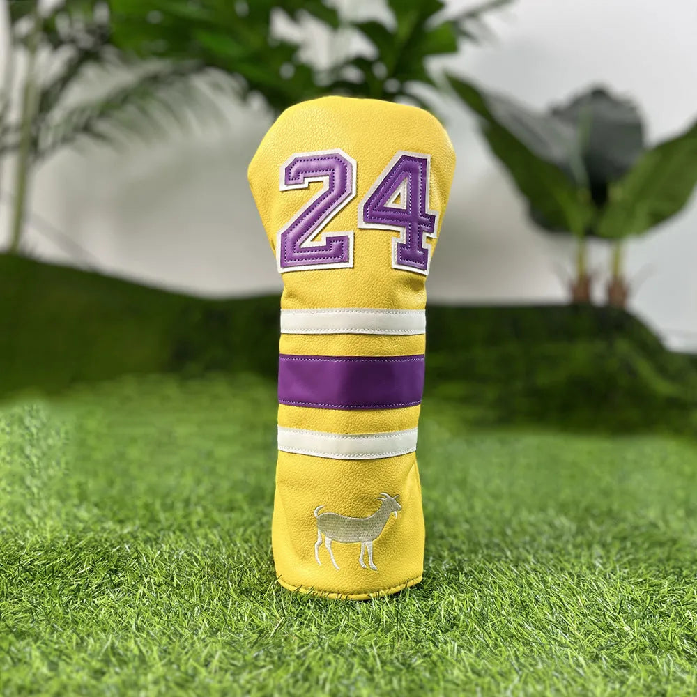 Set of four yellow PU golf club head covers including a square putter cover and iron covers on a golf bag.