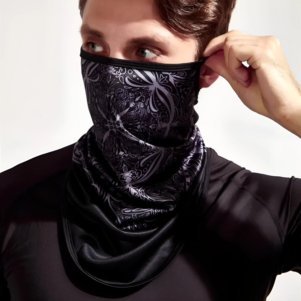 Lycra full face and neck protection sun mask showing skull graphic design option