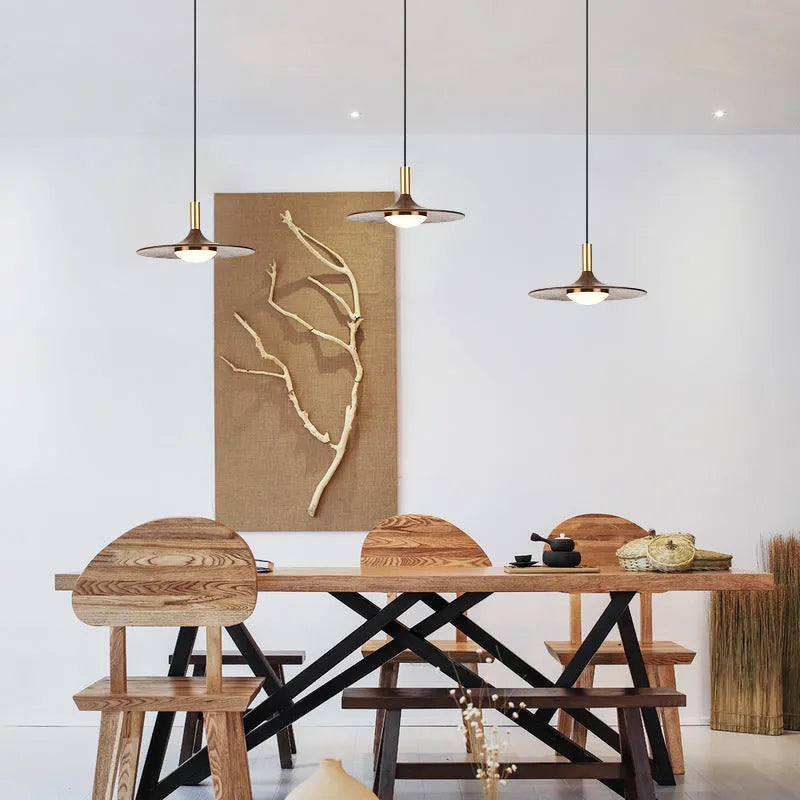 Walnut wood and copper bar chandelier in fish line shape, new Chinese style, showing push button switch.