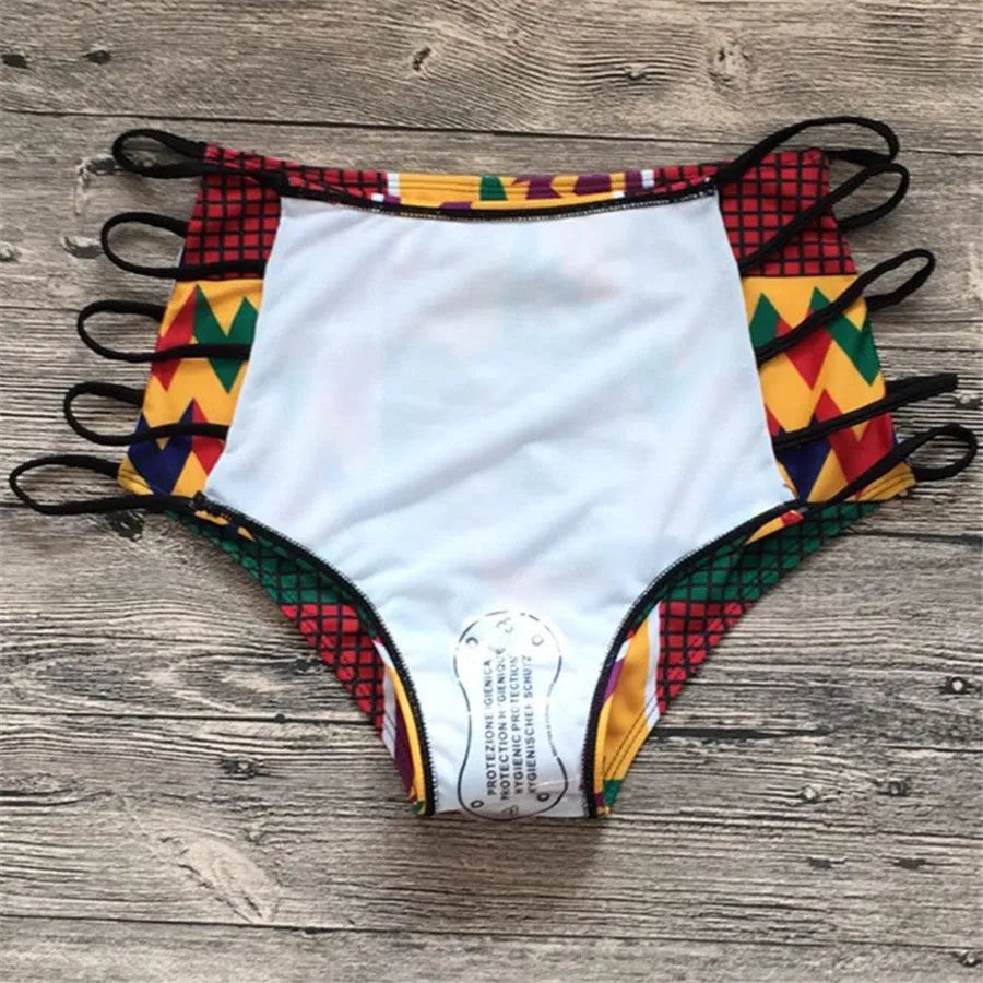 Women's high-waist digital print bikini set with backless top and quick-dry shorts for swimming.