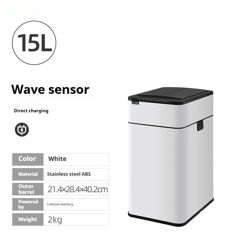Stainless steel square inductive smart trash can with sensor lid and large capacity.