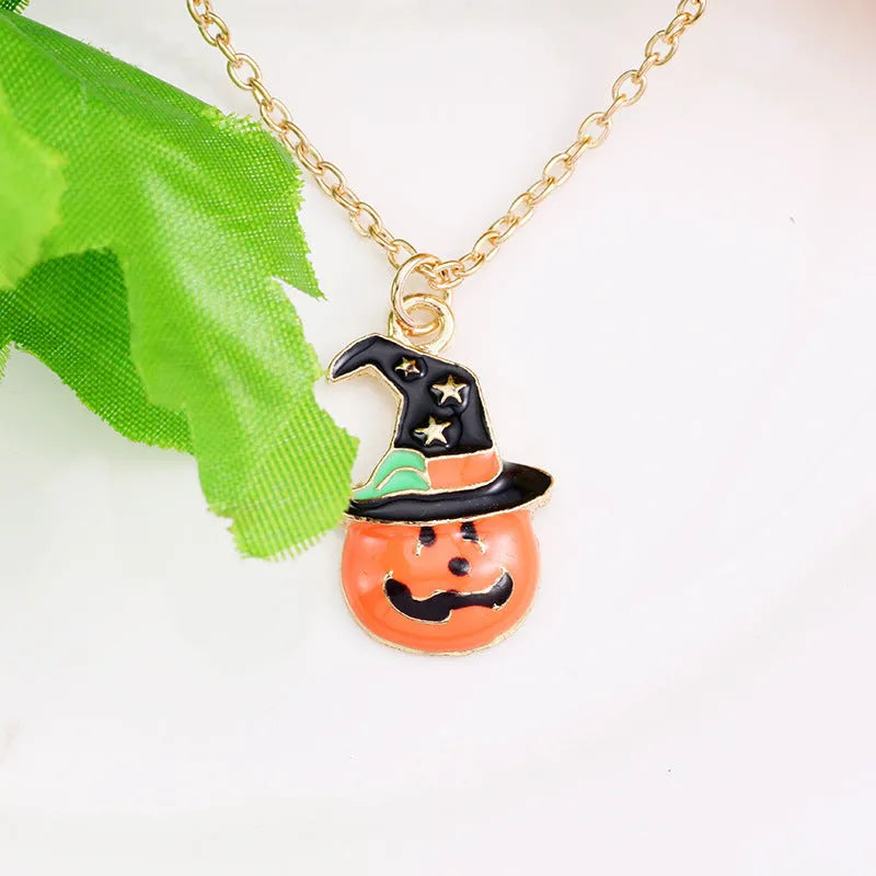 Halloween oil drop pumpkin cat pendant necklace on adjustable 45 plus 5cm alloy chain with electroplated finish