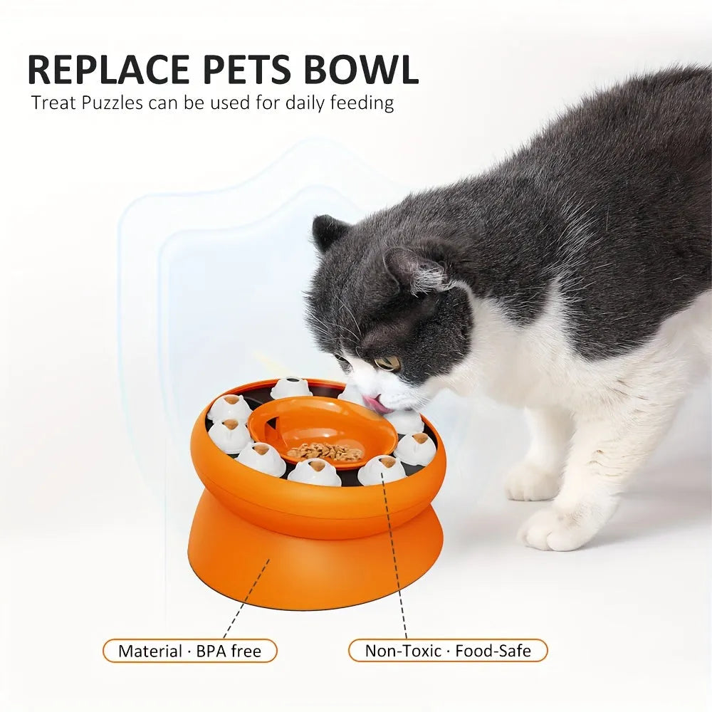Interactive cat slow feeder raised bowl 15-degree tilt orange colour 210x210x121mm